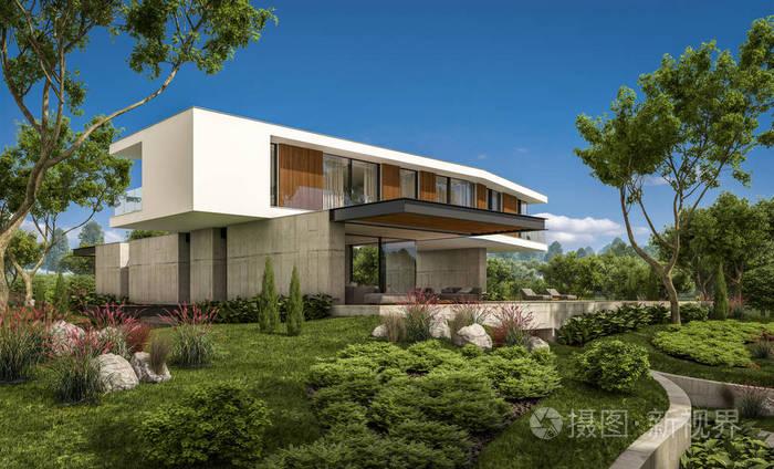 三维渲染现代舒适的房子在山上与车库和游泳池出售或租赁与美丽的景观