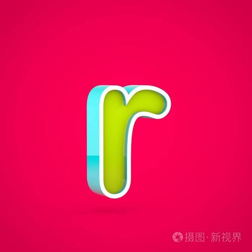 多汁字母 r 小写.3d 彩色石灰和蓝色字体在热粉色背景