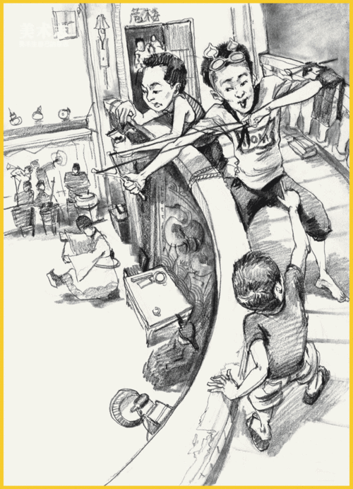 3,场景速写构图,在达到组合和单人速写构图之后,对于画面人物主次的