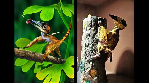 隐居森林翼龙科学复原图(左)及复原雕塑(右).来源:网络.