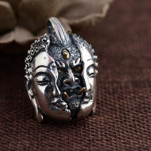 新品男女款佛魔一念之间纯银吊坠s925仿古风格霸气佛像魔像项链