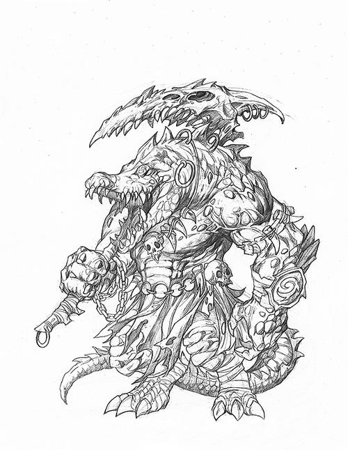 "沼泽凶鳄"手绘黑白草图,画于2011年10月26日