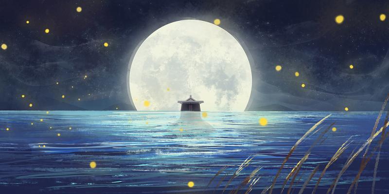 国庆 国庆节中秋中秋节月亮湖水倒影唯美风景中秋节原创手绘插画素材