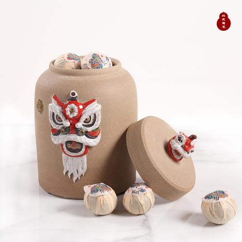 醒狮存储罐刘氏陶艺岭南文创国潮创意粗陶陶瓷普洱茶中式茶叶罐