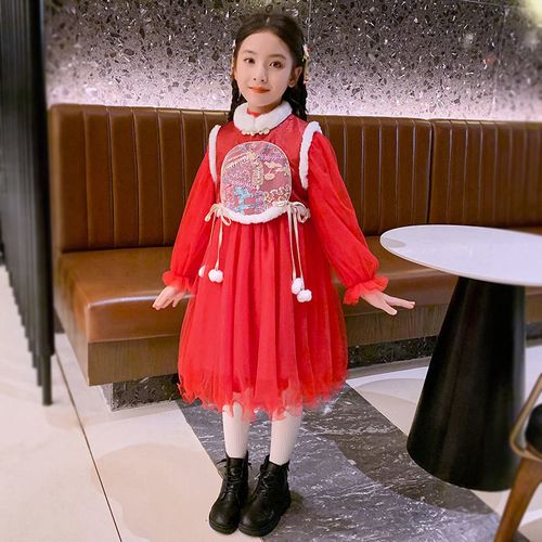 2021新年女孩图片,2021年图片大全好看女 女童新年服2021冬季新款儿童加绒加厚公主裙两件套女孩中国风童裙