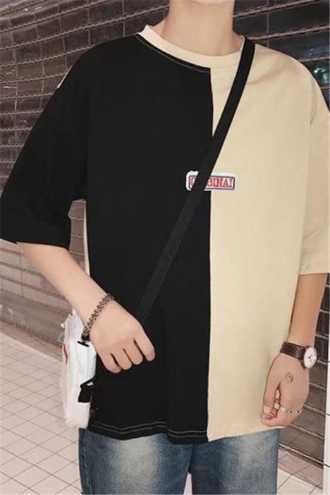 日系潮流嘻哈拼接男士t恤蝙蝠衫夏季韩版男短袖圆领修身体恤半袖衣服