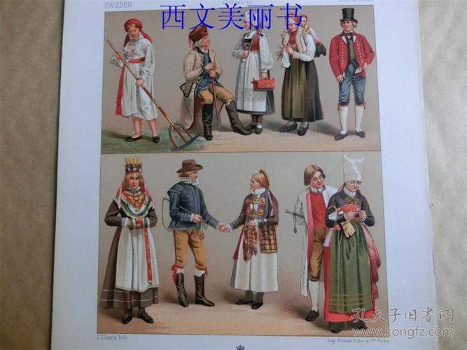 【现货 包邮】1880年代 彩色石版画之17 瑞典服饰,习俗等 长21.
