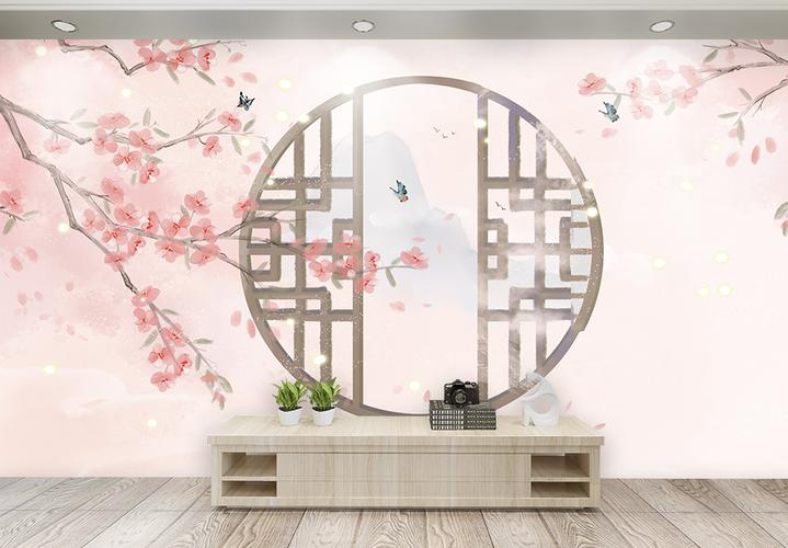 客厅接待客人古风唯美水彩背景墙模板