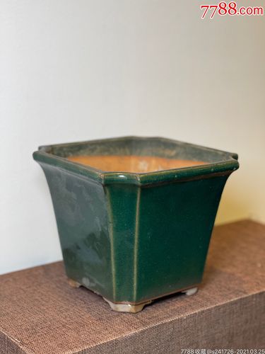 bf0127八十年代石湾窑四方倭角绿釉旧花盆