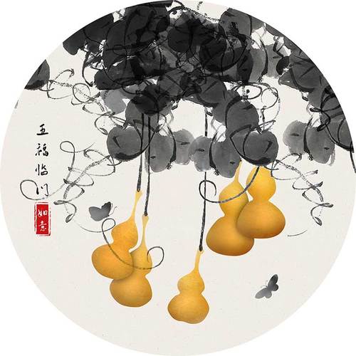 xt95279中式水墨葫芦五福临门国画圆圈装饰画
