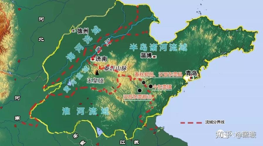 山东省地形图与古东莞县,东莞郡,今东莞镇位置|       底图:谭其骧