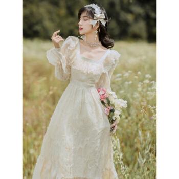 在逃公主裙长裙仙欧式宫廷洋装法式连衣裙子仙女森系小礼服轻奢 米