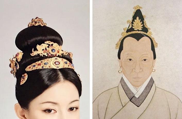 于正ins上透露的这张人像的狄髻,就是明朝妇女的标志发髻,从这个发饰