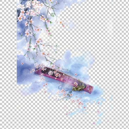抚琴_抚琴中国风彩色水墨画水彩画风景落花流水【高清卡通手绘png素材