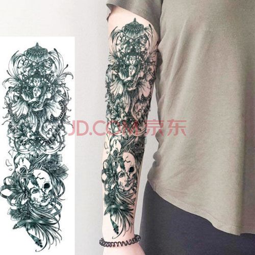 秋江月臂刺青色艺骷髅男女满臂纹身贴防水欧美大花臂仿真花腿 一张