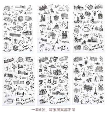 do家 黑白建筑 旅行名胜 pvc透明日记贴纸 手帐装饰贴纸 6张