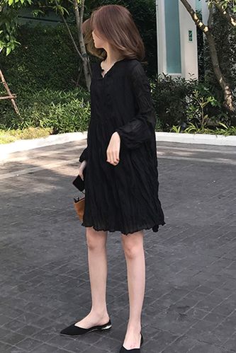 春夏新款小清新褶皱拼接白色连衣裙宽松雪纺温柔少女心长款仙女裙子
