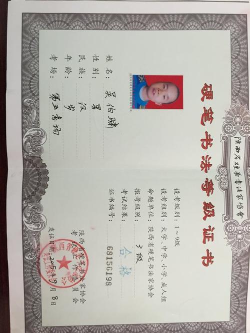 部分学生硬笔书法考级证书