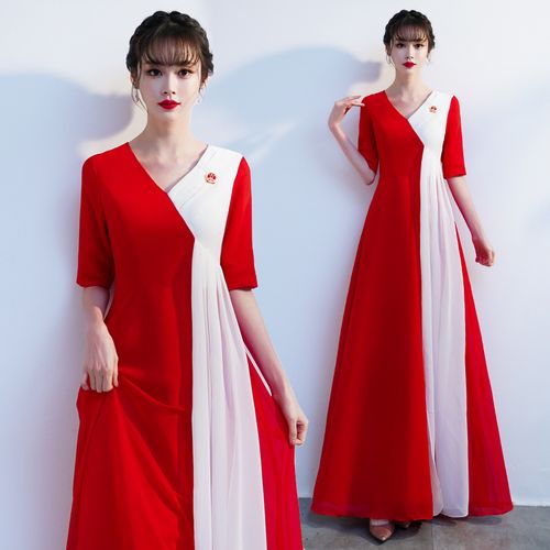 红歌合唱服装建党节大合唱团演出服女长裙中老年诗歌朗诵礼服成人