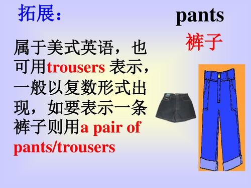 拓展: 属于美式英语,也 可用trousers 表示, 一般以复数形式出 现,如