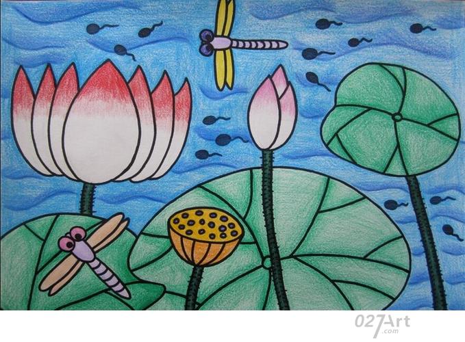 荷花和蜻蜓夏天油画棒教师范画儿童蜡笔画图片大全