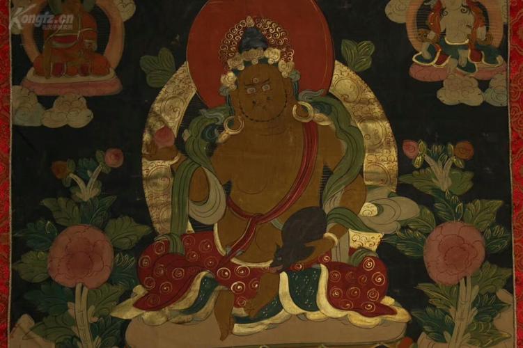 藏传佛教黄财神唐卡 西藏寺院高僧大德纯手工绘画黄财神唐卡 画芯为藏