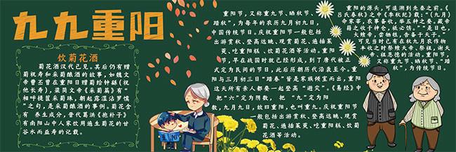 大气卡通九九重阳节黑板报,主题为九九重阳节,可用作重阳节手抄报