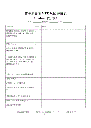 非手术患者vte风险评估表(padua评分表)