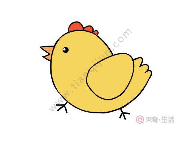 3,画上鸡冠,眼睛和嘴巴.2,画上小鸡的翅膀.1,先画出小鸡的身体部分.