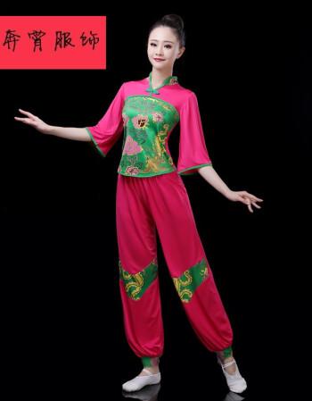 秧歌服演出服2021新款腰鼓舞服装女成人民族舞广场舞蹈服套装玫红色