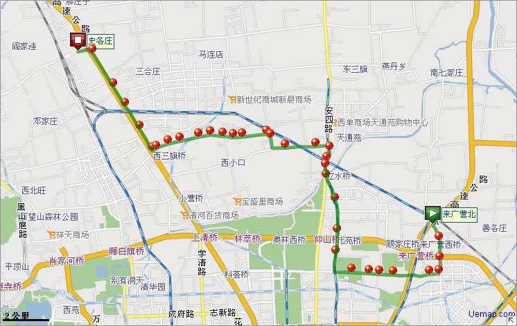 北京运通117路下行公交线路图