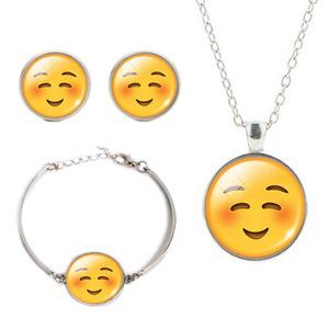 wish外贸爆款饰品套装 emojiqq表情时光宝石玻璃银项链耳钉手链