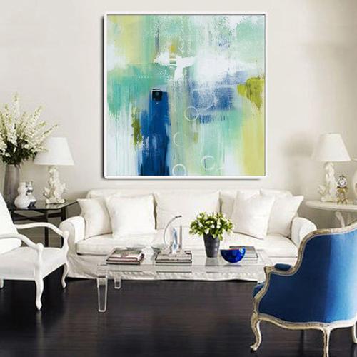 简美冷色调风格冷淡现代客厅冷绿色画面书房抽象画油画手工餐厅画