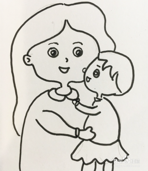 孩子小小的侧面头部轮廓,再在旁边将妈妈的头发线条与脸部轮廓画出来