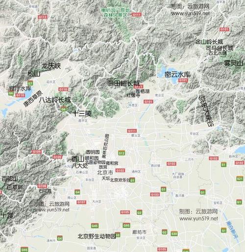 北京市重点旅游景点分布图,北京地形地图 北京地形图 北京西部为西山