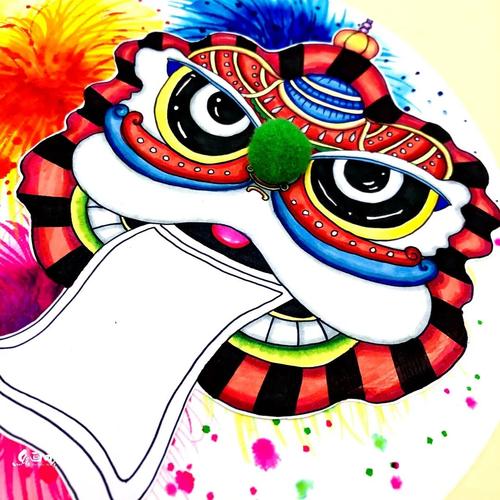 步骤四:在白卡纸上绘画出醒狮的形态.