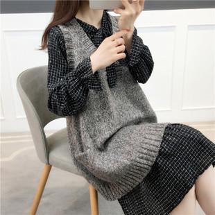 针织马甲女背心韩版2019春装新款洋气时尚雪纺连衣裙秋两件套