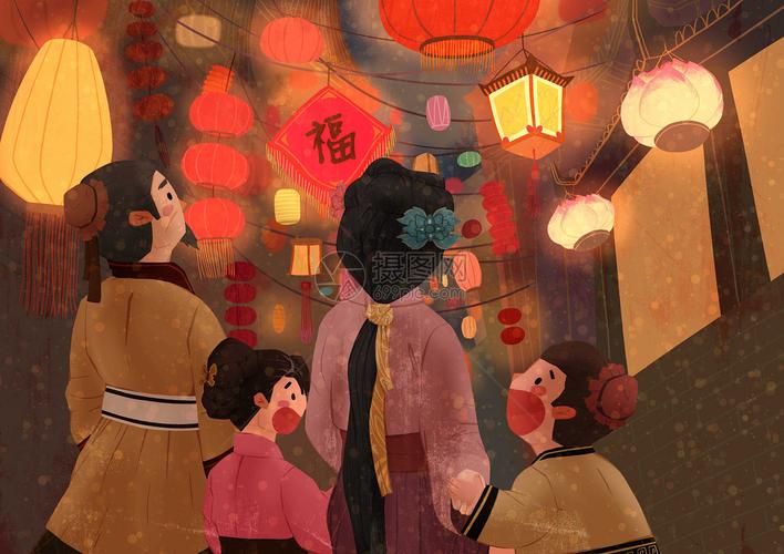 元宵节逛灯会插画图片下载-正版图片400984217-摄图网