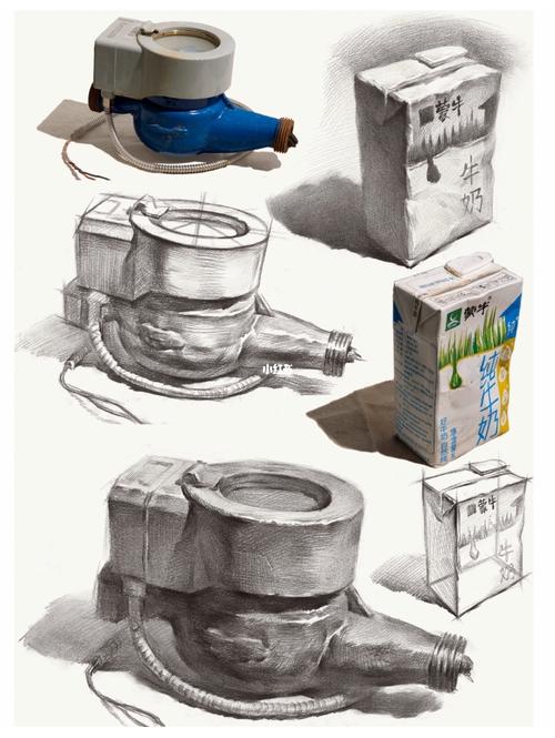 素描静物:杂物干货—牛奶盒 水表 锤子 词典_素描_牛奶_文化_绘画