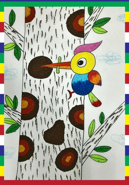 啄木鸟捉虫记大树和小鸟儿童画欣赏