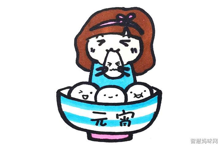 小女孩吃元宵简笔画画法步骤
