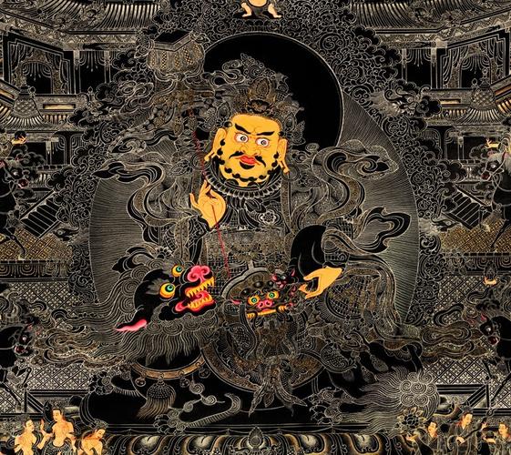 财宝天王与八马财神黑金 唐卡 佛像 字画 绢画 高精复制品 1 1