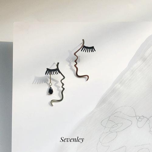 七里侧脸耳饰女网红不对称抽象人脸线条复古925纯银个性耳钉耳坠