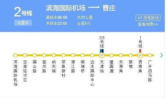 天津地铁2号线首班车能到滨海国际机场吗?