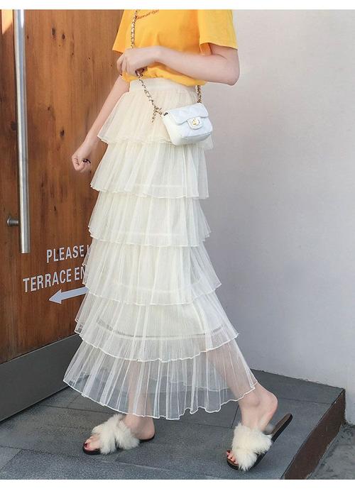 网纱蛋糕裙半身裙女春装2020款百褶裙字裙中长款很火仙女纱裙 白色