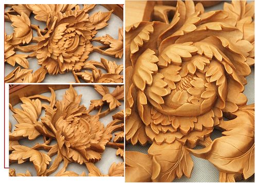 东阳木雕挂件 手工木头雕刻画工艺品中式客厅玄关实木质艺术牡丹