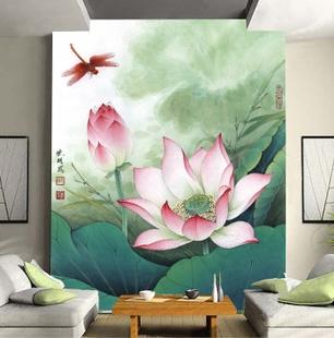 3d立体荷花大型壁画中式客厅玄关电视卧室走廊背景墙壁纸特价定制