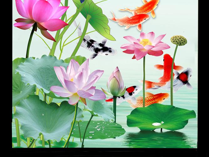 原创高清荷花九鱼玄关富贵九鱼图背景墙