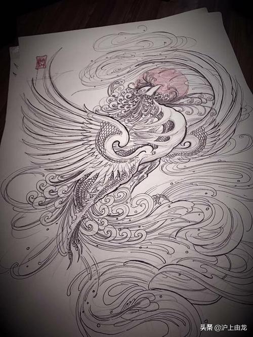 满背凤凰纹身图案及手稿