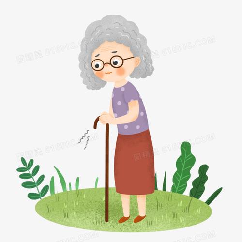 手绘卡通老奶奶拄拐杖插画免抠元素